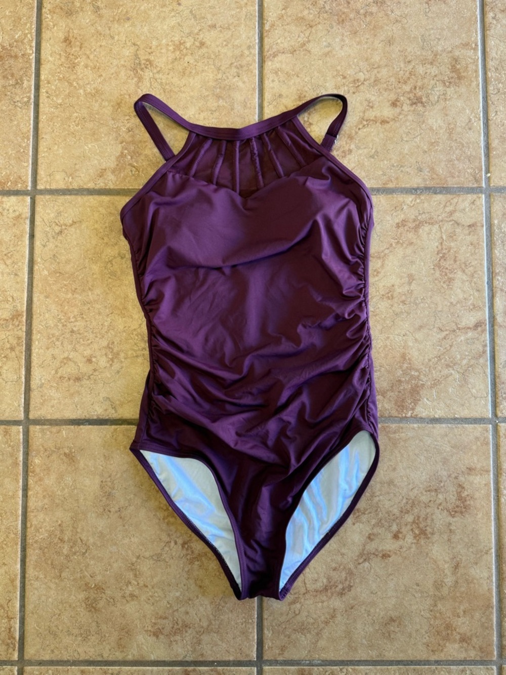 Holipick Purple Plum High Neck Ruched One Piece Swimsuit Mesh Neck Small